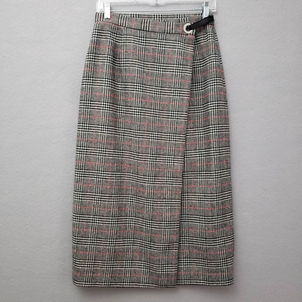 Evan-Picone Womens 6 Midi Wrap Skirt Black Plaid Wool Blend Career Dark Academia